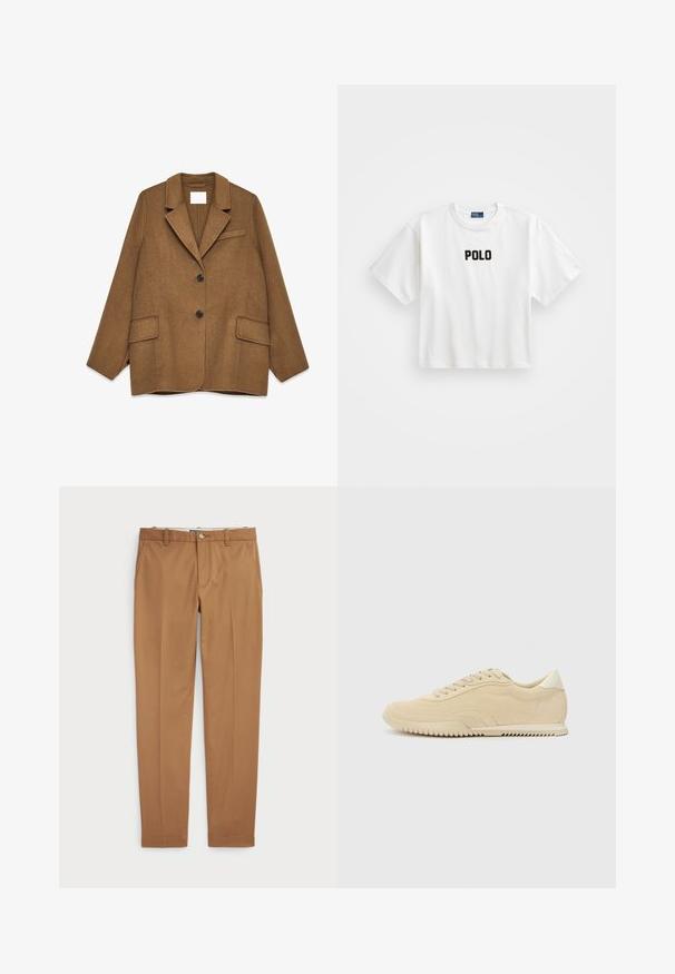 Blazer de mezcla de lana marrón con solapas de muesca, diseño de un solo pecho, dos bolsillos delanteros y un bolsillo en el pecho. Presenta botones negros.; Camiseta de algodón blanca con mangas cortas, con un logotipo bordado en negro que dice "POLO" en el frente. Diseño simple y cuadrado.; Pantalones de algodón marrón con un diseño ajustado, parte delantera plana y bolsillos estándar; textura suave y puños dobladillos.; Zapatillas de ante beige con diseño de cordones, parte superior texturizada, suela de goma en contraste y un leve tacón. Estilo minimalista con un sutil branding.