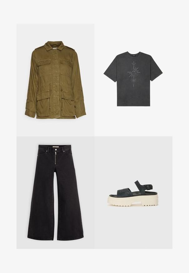 Olíva zöld, könnyű katonai stílusú dzseki, gallérral, gombos elejével, négy nagy zsebbel és állítható húzózsinórral a deréknál.; Sötétszürke, nagy méretű pamut póló, középen nap motívummal, aprólékos vonal részletekkel nyomtatva elöl.; Fekete denim széles szárú farmer, cipzáros elejével, öt zsebes kialakítással és diszkrét varrással. Sima textúra és laza stílus.; Fekete velúr platform szandálok tömör fehér talppal, széles elülső pánttal és állítható bokapánttal. Textúrált talp a jó tapadásért.