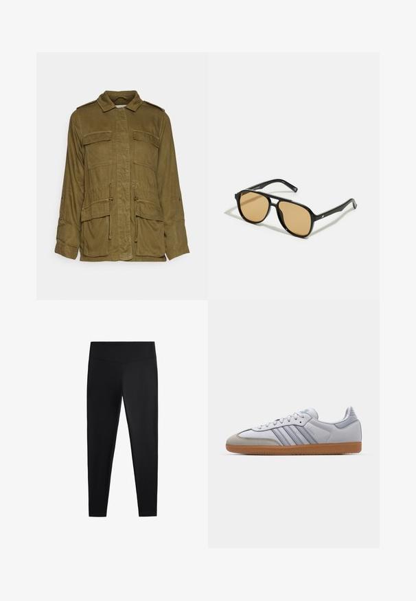 Olíva zöld, könnyű katonai stílusú dzseki, gallérral, gombos elejével, négy nagy zsebbel és állítható húzózsinórral a deréknál.; Fehér bordázott ujjatlan póló, melyen a mellkas közepén egy fekete hímzett logó található. A nyakkivágás és az ujjak nyílásai finom szegéllyel vannak ellátva.; Fekete leggings sima, rugalmas anyagból. Széles derékpánt és szűkülő lábzárás jellemzi, alkalmas aktív vagy laza viseletre.; Fehér bőr sportcipők világoskék részletekkel, szürke velúr orral és barna gumitalppal. Három kék csíkkal és "Samba" felirattal rendelkezik.; Fekete napszemüveg barna árnyalatú lencsékkel; téglalap alakú, vastag kerettel, a szárakon diszkrét fém részletekkel.