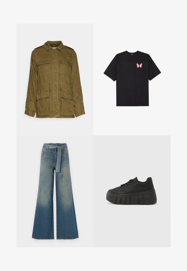 Olivenfarvet, letvægts militærinspireret jakke med krave, knaplukning foran, fire store lommer og justerbar snøre i taljen.; Sort bomulds T-shirt med korte ærmer, prydet med en lille pink sommerfugl grafik på venstre bryst. Rund hals design med en afslappet pasform.; Bredbens-denimbukser med en lys til mørk blå gradient, høj talje, bælteløkker og et matchende stofbælte. Tekstureret denimfinish.; Sorte platform-sneakers med glat syntetisk overdel, rundet tå, snørelukning og en tyk, rilleret sål for ekstra højde.
