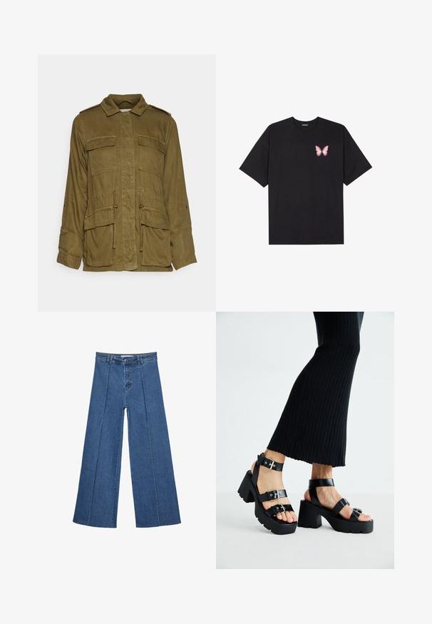 Olivengrüne, leichte Militärjacke mit Kragen, knöpfbarem Frontbereich, vier großen Taschen und verstellbarem Kordelzug in der Taille.; Schwarzes Baumwoll-T-Shirt mit kurzen Ärmeln, das ein kleines pinkes Schmetterlingsmotiv auf der linken Brust zeigt. Crewneck-Design mit einem entspannten Schnitt.; Weite Jeans aus Denim in Mittelblau, mit hoher Taille, Knopfverschluss und kontrastierenden vertikalen Nahtdetails an der Vorderseite.; Schwarze Plattform-Sandalen mit robusten, profilierten Sohlen und mehreren Riemen, ausgestattet mit metallischen Schnallen und einer glatten, lederähnlichen Textur.