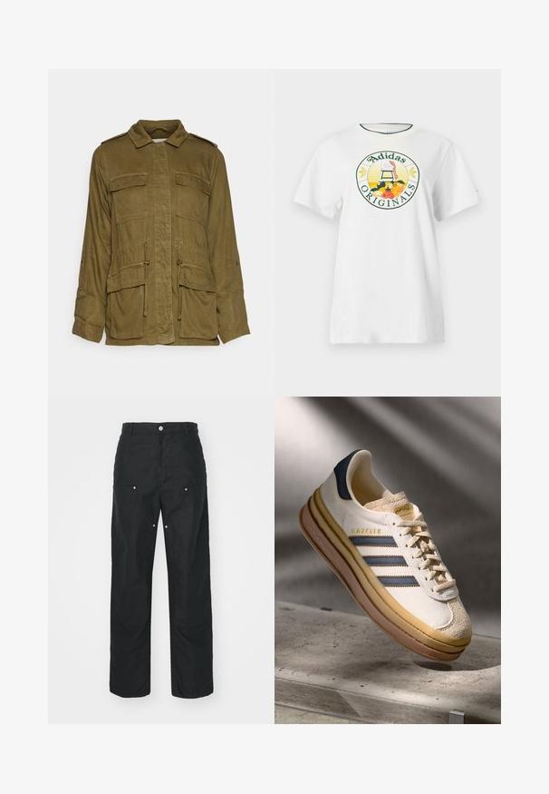 Olive green, lightweight military-style jacket with a collar, buttoned front, four large pockets, and adjustable drawstring waist.; White cotton t-shirt with short sleeves, featuring a round graphic logo in green and yellow, displaying "Adidas Originals" and fruit designs.; Black trousers with a straight-leg design, made of a textured fabric. Features decorative silver hardware and unique seam detailing.; Adidas Gazelle sneaker featuring a cream suede upper, blue leather accents, three blue stripes, beige midsole, and brown rubber outsole.