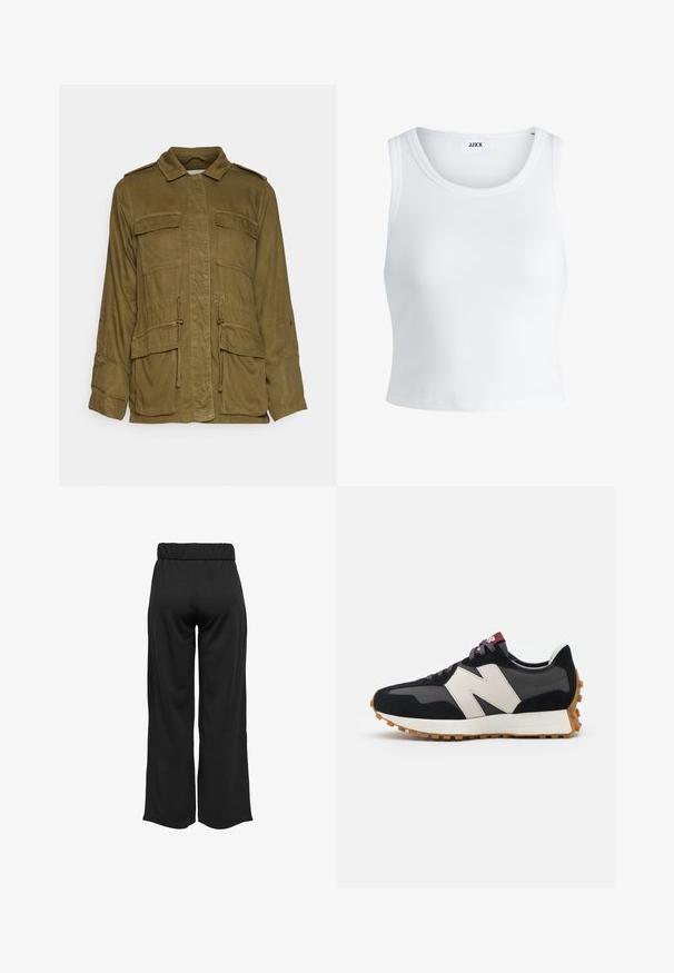 Olivenfarvet, letvægts militærinspireret jakke med krave, knaplukning foran, fire store lommer og justerbar snøre i taljen.; Hvid ribbet tanktop med rund halsudskæring, ærmeløs design og cropped længde. Etiketten står der "JJXX." Glat stoftekstur.; Sorte, vide bukser med elastisk talje, lavet af glat stof. Har et enkelt design uden lommer eller synlige sømdetaljer.; Sort og grå ruskinds sneakers med et stort cremefarvet "N" logo, lilla snørebånd og en struktureret gummisål.