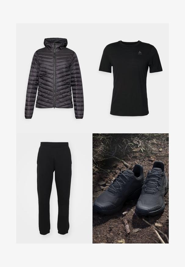 ODLO JACKET INSULATED X-ALP PACKABLE - Pūkinė striukė - black; Juodas marškinėliai, pagaminti iš lengvos medžiagos, su apvaliu kaklo iškirpimu, trumpomis rankovėmis ir maža prekės ženklo logotipu kairėje viršuje.; Juodi sportiniai pantalai, pagaminti iš medvilnės mišinio, su elastinga juosmeniu, siaurėjančiomis kojomis ir sutrauktomis rankovėmis ties kulkšniais. Paprastas dizainas, be raštų.; Juodi sportiniai batai su tekstūriniu megztu paviršiumi, sustiprinta nosimi ir paminkštintu padu, išdėstyti ant žemės, kurioje išsibarsčiusios šakelės.