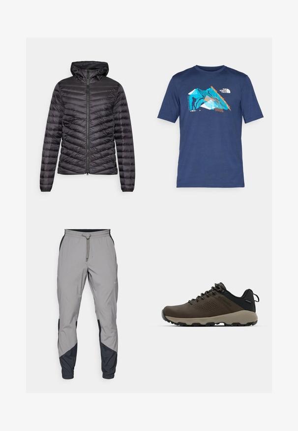 ODLO JACKET INSULATED X-ALP PACKABLE - Dūnu jaka - black; Jūras zilas krāsas īsām piedurknēm T-krekls, kas izgatavots no mīksta auduma, ar grafisku dizainu, kurā ir zili, oranži un balti akcenti, attēlojot kalnus un kāpēju.; Viegls, pelēks sporta bikses ar melniem akcentiem. Elastīga josta, ar auklu aizdare, sašaurināts kāju dizains un sānu kabatas.; Brūni ūdensnecaurlaidīgi sporta apavi ar teksturētu virsu, perforētiem akcentiem, melnu papēža atbalstu un pelēku gumijas zoli. Šņores veidotas ar metāliskiem galiem.