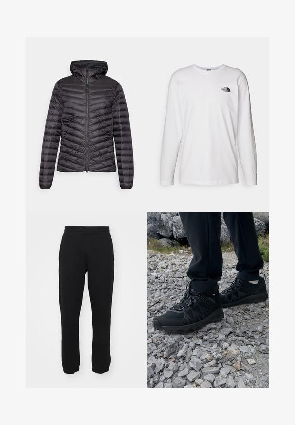 ODLO JACKET INSULATED X-ALP PACKABLE - Dunjakke - black; Hvit langermet T-skjorte laget av bomull med rund hals. Har en liten svart logo på brystet. Glatt tekstur, vanlig passform.; Svart joggebukse laget av en bomullsblanding, med elastisk midjebånd, tapered ben og ribbede mansjetter ved anklene. Enkel design, ingen mønstre.; Sorte utendørssko i svart med mesh og syntetisk materiale, med en teksturert overdel, sikret snøresystem og en robust såle, på steinete terreng.