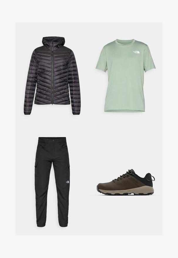 ODLO JACKET INSULATED X-ALP PACKABLE - Doudoune - black; T-shirt vert clair à manches courtes en tissu doux ; présente un logo blanc sur le côté supérieur gauche ; col rond.; The North Face HORIZON PANT - Pantalons outdoor - black; Baskets imperméables marron avec une tige texturée, des accents perforés, un support de talon noir et une semelle en caoutchouc grise. Les lacets sont ornés d'embouts métalliques.