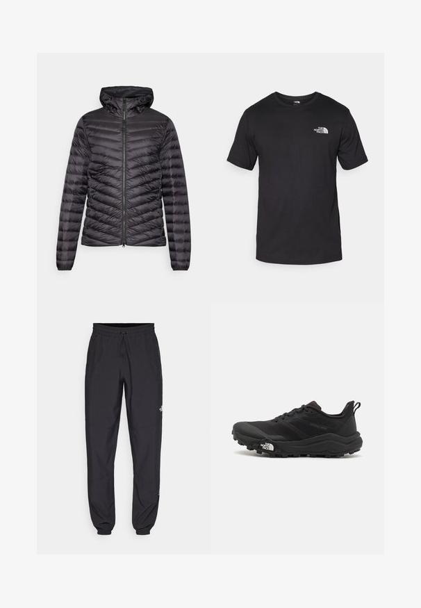 ODLO JACKET INSULATED X-ALP PACKABLE - Down jacket - black; Black short-sleeve t-shirt made of cotton, featuring a round neckline and a small white logo on the upper left chest area.; Black athletic pants made from lightweight fabric, featuring a drawstring waistband, side pockets, and tapered cuffs at the ankles.; Black trail running shoe with a textured upper, rubber sole, and reinforced toe cap. Features a padded collar and pull tab for easy wear.