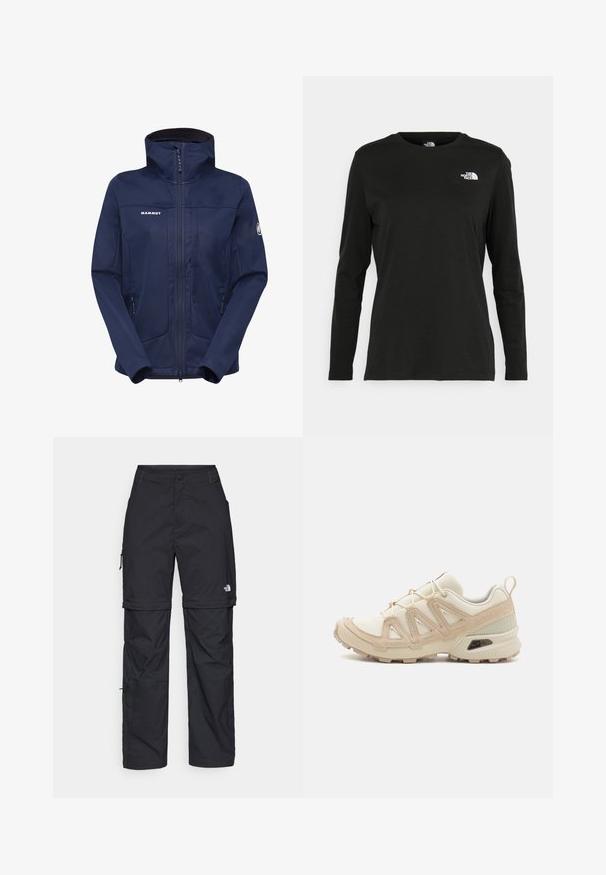 Mornarsko modra jakna iz softshell materiala z visokim ovratnikom, celotnim zadrgo in dvema stranskima žepoma; na prsih se nahaja logo, rokavi pa vsebujejo dodatne detajle.; Črna majica z dolgimi rokavi iz bombaža z okroglo izrezom. Ima majhen bel logotip na levem prsnem delu. Enostaven dizajn in prileganje.; Črne najlon hlače z zipom, ki se lahko odstranijo, s prilagodljivimi manšetami, več žepi in logotipom na desni nogi. Gladka, lahka tekstura.; Bež in krem športni čevlji z teksturiranim mrežastim zgornjim delom, podpornimi prekrivali in gumijastim podplatom z vzorcem za oprijem.