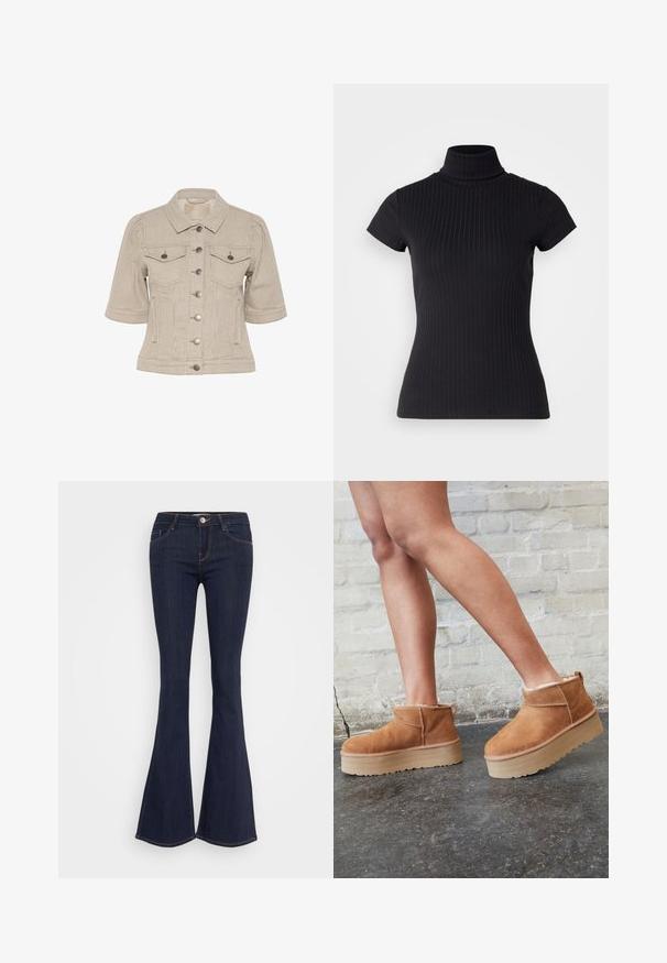 Csíkos bézs farmerdzseki rövid ujjakkal, gombos elülső rész, két mellzseb, és ezüstszínű fém kiegészítők.; Fekete, rövid ujjú garbó felső bordás anyagból, amely karcsú fazonnal és magas galléros dizájnnal rendelkezik. Egyszerű és textúrázott minta.; Sötét farmer anyagú, trapéz szabású nadrág, amelynek szűkített dereka van, elülső gombos záródással, öt zsebes kialakítással és varrási részletekkel a lábak mentén.; Barna velúr bokacsizma puha béléssel, vastag bézs platformtalppal és hátsó húzófüllel. Texturált felület látható varrási részletekkel.