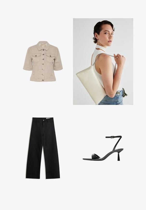 Raidallinen beige farkkutakki, jossa on lyhyet hihat, napitettava etuosa, kaksi rintataskua ja hopeanväriset yksityiskohdat.; Valkoinen pitkähihais t-paita ribbikankaasta, jossa on pyöreä kaula-aukko ja suora helma. Yksinkertainen, yhtenäinen muotoilu.; Mustat leveät farkut korkealla vyötäröllä, joissa on etu- ja takataskut, ommellut saumat ja nappisuljenta. Silkinoinen rakenne.; Bershka Korolliset sandaalit - black; Valkoinen suorakulmainen clutch-laukku, joka on valmistettu kiiltävästä materiaalista ja jossa on hopeinen ketjuolkahihna. Malli poseeraa laukku käsivarsillaan yksinkertaista taustaa vasten.