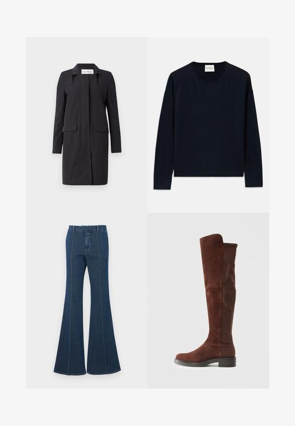 Svart, knälång kappa gjord av lättviktsmaterial. Har en krage, framslutning och två sidfickor. En enkel, strukturerad design.; Marinblå långärmad crewneck-tröja i mjukt, slätt tyg med avslappnad passform. Har ribbade mudd och nederkant, etikett vid nacken.; Jeans med utsvängda ben i mörkblått, med strukturerade sömmar och en ren finish. Har en midjehöjd som är medelhög och breda, svängda ben.; Höga bruna mocka- och tygstövlar med låg svart klack och rund tå, visade i sidovy mot vit bakgrund.