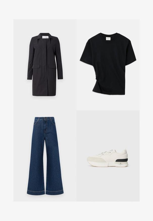 Casaco preto, até aos joelhos, feito de material leve. Apresenta um colarinho, fecho frontal e dois bolsos laterais. Design simples e estruturado.; T-shirt preta feita de algodão macio, com decote redondo, mangas curtas e um design ligeiramente torcido para um ajuste descontraído.; Jeans azul de perna larga com cintura alta, apresentando um fecho de botão, passantes para cinto e detalhes de costura discretos ao longo dos bolsos e das bainhas.; Sneaker branco com biqueira em camurça texturizada, parte superior em malha lisa, atacadores decorativos e um detalhe na parte de trás em borracha preta.