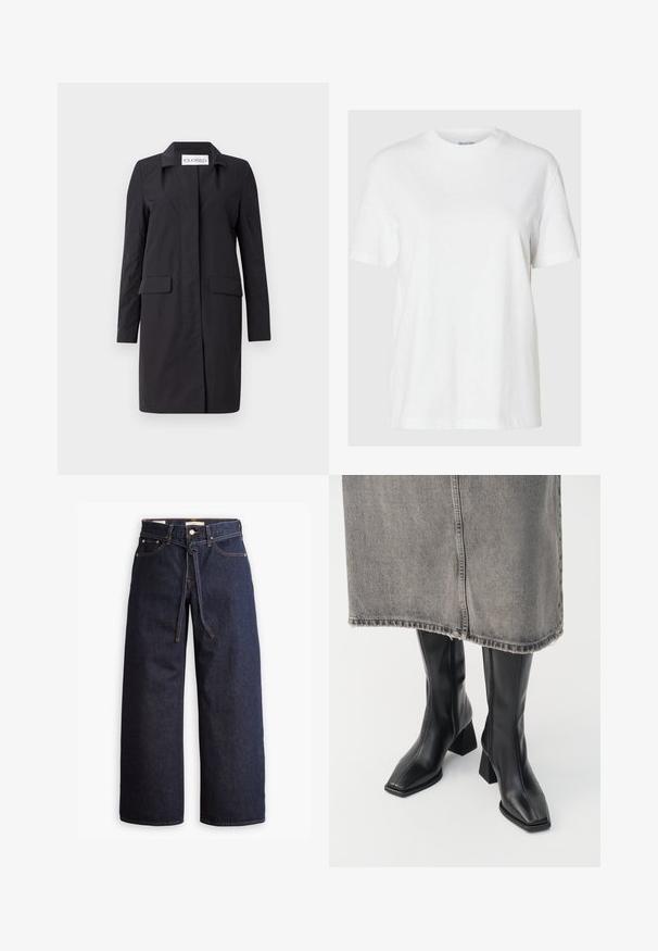 Melna, līdz ceļgaliem garena mētelis, izgatavots no viegla materiāla. Iespējas ar apkakli, priekšējo aizdari un divām sānu kabatām. Vienkāršs, strukturēts dizains.; Balts kokvilnas t-krekls ar īsām piedurknēm un apaļu kakla izgriezumu. Iezīmē relaksētu piegriezumu un minimālu dizainu bez rakstiem vai akcentiem.; Plati zili džinsi ar augstu jostasvietu, ar šnaukaša saišu, piecām kabatām un kontrastējošiem šuvju akcentiem.; Melnas ceļgala augstuma zābaki izgatavoti no gludas ādas ar kvadrātveida purngalu un bloku papēdi. Valkāti ar pelēku denima svārku ar plīsu malu.