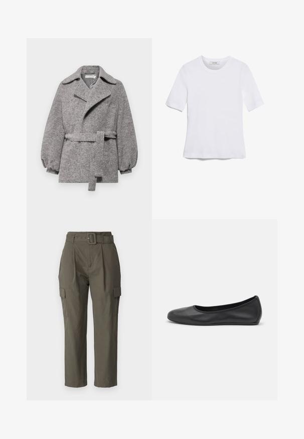Pilkas vilnos mišinio paltas su dirželio juosmeniu, plačiu apykakle ir pūkuotomis rankovėmis. Minkšta tekstūra, tiesus kirpimas ir priekinis mygtukų užsegimas.; Balta trumpa rankovėmis marškinėliai, pagaminti iš pasiruošusio audinio. Apvali iškirptė, reguliari tinkamumas ir subtilūs siuvimo detalės. Be raštų ar grafikos.; Olivos žali cargo kelnės, pagamintos iš lengvos medžiagos. Savybės: diržo juostos, priekiniai raukšlės ir šoninės kišenės su makštimi. ; Juodai odiniai baletai su apvaliu pirštu, lygi texture, minimalus siuvimo detales ir lanksčiu padų dizainu.