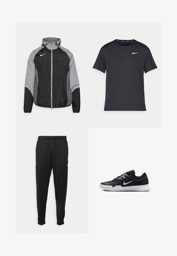 Nike vetrovka z črnim sprednjim delom, s sivimi rokavi in sivim kapuco. Ima zadrgo in elastične manšete.; Črna tekaška majica Nike, izdelana iz lahkega in zračnega materiala, z kratkimi rokavi in majhnim belim logotipom na prsih.; Črne športne hlače iz gladkega materiala, z elastičnim pasom, zoženimi hlačnicami in majhnim belim logotipom na levi strani.; Črne atletske čevlje z teksturirano zgornjico, belim Nike znakom in belim gumijastim zunanjim podplatom. Imajo vezalni dizajn in dinamično obliko.
