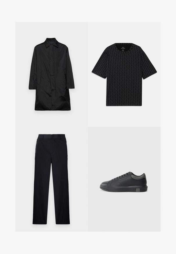 Ilgas juodas pūkinis paltas su apykakle, priekiniais užtrauktukais ir šoninėmis kišenėmis. Pagamintas iš blizgaus, lygaus audinio.; Juodas marškinėliai su tekstūruotu pakaitinių 'A' logotipų raštu, trumpomis rankovėmis ir apvalia iškirpte. Pagaminti iš lengvos medžiagos.; Juodos kelnės, pagamintos iš lengvos tekstūruotos medžiagos, tiesaus silueto, su elastingu juosmeniu ir šoniniais užtrauktukų kišenėmis.; Juodos odinės sportinės bateliai su lygiu paviršiumi, apvaliu nose ir tamsiai pilkais akcentais. Turi raištelių dizainą ir tekstūruotą gumos padas.