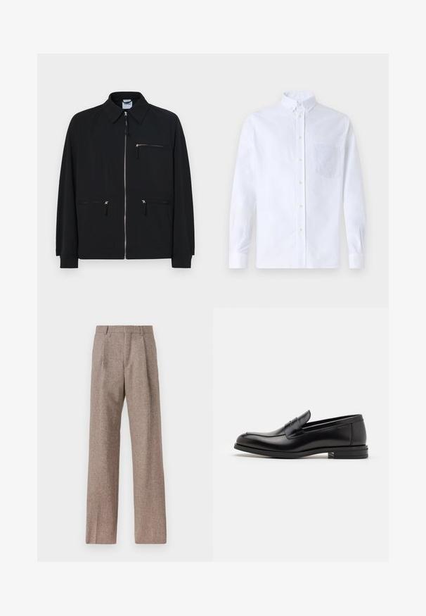 Mustapuku, joka on valmistettu kevyestä kankaasta, jossa on etuvetoketju, kaksi sivutaskua ja yläpuolella vetoketjullinen rintatasku.; Valkoinen pitkähihaista napillista paitaa, joka on valmistettu puuvillasta. Paita sisältää rinnan kohdalla taskun, jossa on samaa sävyä oleva brodeeraus, kauluksen sekä napilliset hihansuut.; Ruskejat, korkeavyötäröiset housut, jotka on valmistettu teksturoidusta kankaasta. Ominaisuuksina ovat leveät lahkeet ja kaksi etupuolelle ommeltua laskosta rakenteen tukemiseksi. Siisti viimeistely ilman näkyvää metalliosaa.; Mustat nahkakengät, joissa on sileä pinta, pyöreä kärki ja koristeellinen nauha jalkapöydän yli. Matala pinoitu koroke, minimalistinen muotoilu.