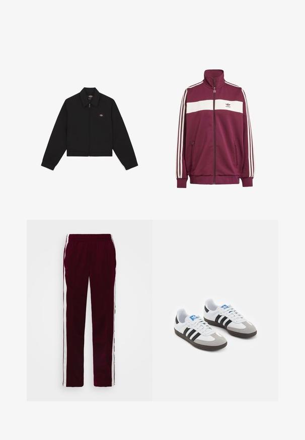 Juoda zip-up striukė su plokščiu apykakle, ilgomis rankovėmis ir šoninėmis kišenėmis. Ant kairiojo krūtinės šono yra mažas logotipas. Pagaminta iš minkštos medžiagos.; Bordo zip užtrauktuku striukė su balta horizontalia juostele ir trimis baltomis šoninėmis juostelėmis. Turi aukštą apykaklę ir dvi užtraukiamas šonines kišenes.; Baltas figūruotas marškinėlis pagamintas iš medvilnės, turintis apvalų kaklą ir trumpas rankoves, priekyje su šviesiai mėlynu išsiuvinėtu logotipu.; Burgundi spalvos sportinės kelnės su raišteliu juosmenyje, baltomis šoninėmis juostelėmis ir siauru siluetu. Pagamintos iš lygaus, lengvo audinio.; Sportiniai batai su balta odine viršutine dalimi, pilku zomšiniu priekiu ir trimis juodomis juostelėmis. Ant liežuvio yra mėlynas logotipas, o padas pagamintas iš tekstūruoto gumos.