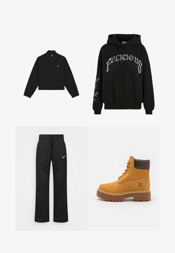 Černá zipová bunda s plochým límcem, dlouhými rukávy a bočními kapsami. Na levé straně hrudi se nachází malé logo. Vyrobena z měkkého materiálu.; Černá mikina s kapucí vyrobená z měkkého materiálu, s bílým potiskem textu a vzorů, a zdobným detailem na rukávech.; Černé tepláky vyrobené z bavlněné směsi, s elastickým páskem na šňůrku, rovnými nohavicemi a bílým logem Nike na levé straně.; Hnědé voděodolné kotníkové boty s pevnou gumovou podrážkou, kulatou špičkou, hnědým koženým límcem, žlutými tkaničkami a logem na boku.
