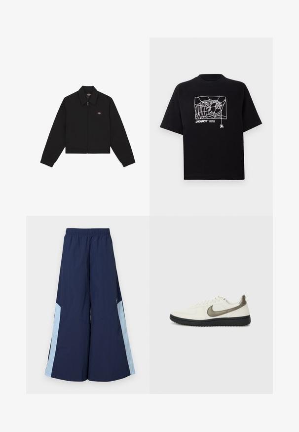 Svarte zip-up jakke med flat krage, lange ermer og sidelommer. Har en liten logo på venstre side av brystet. Laget av mykt stoff.; Svart T-skjorte laget av bomull med korte ermer. Har et hvitt edderkoppnett grafikk og logo på fronten. Enkel rund hals.; Maritime vide bukser med elastisk talje, med lyseblå sidelapper og en glat tekstur. Designet for komfort og let bevægelse.; Nike Sportswear FIELD GENERAL - Joggesko - off-white/black