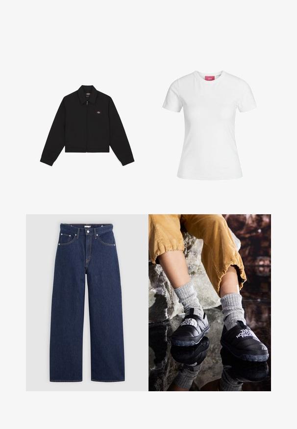 Juoda zip-up striukė su plokščiu apykakle, ilgomis rankovėmis ir šoninėmis kišenėmis. Ant kairiojo krūtinės šono yra mažas logotipas. Pagaminta iš minkštos medžiagos.; Balta medvilninė marškinė su trumpomis rankovėmis ir apvaliu iškirpimu. Vidiniame kakle yra rožinė etikete. Lygi tekstūra.; Tamsiai mėlyni plačiakojai džinsai su aukštu liemeniu, turintys penkis kišenes, dirželių kilpas ir vario siuvinėjimo detales. Lygus paviršius.; Juodos izoliuotos slip-on bateliai su tekstūruotais padais ir balta reklama, vilkintys pilkas megztas kojines, derinami su raguotomis garstyčių spalvos kelnėmis.