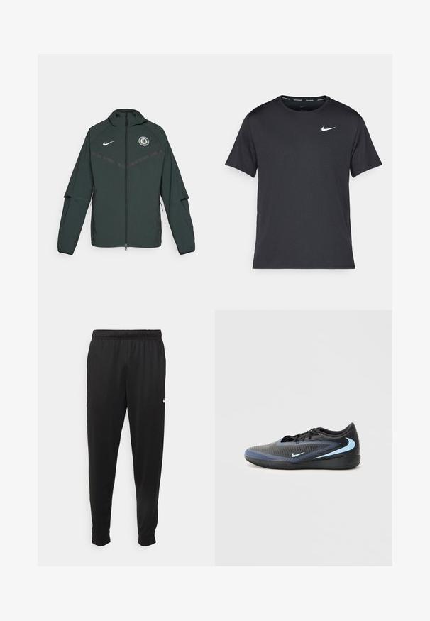 Casaco Nike verde escuro com capuz, fecho éclair na frente, logótipo do Chelsea FC no lado esquerdo do peito, e riscas horizontais pretas em contraste.; T-shirt de corrida Nike preto, feito de material leve e respirável, com mangas curtas e um pequeno logo branco no peito.; Calças de desporto pretas feitas de tecido suave, com uma cintura elástica, pernas ajustadas e um pequeno logo branco no lado esquerdo.; Shoe desportiva de cano baixo, preta e azul, com superfície texturizada, atacadores pretos e logótipos da Nike em azul claro nas laterais e na sola.