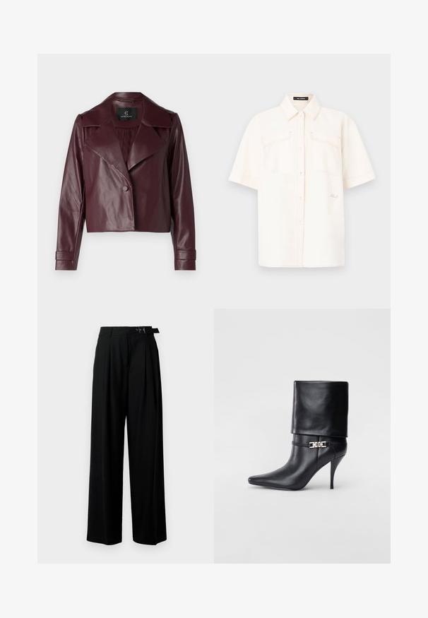 Jaqueta recortada em couro borgonha com colarinho recortado, fecho com botão e mangas longas. Textura suave com ombros estruturados e punhos.; Camisa de manga curta, de cor creme, feita de tecido leve, com dois bolsos frontais, design com botões e costura em contraste.; Calças largas pretas de cintura alta, com pregas à frente e um cinto com fivela. Feitas de um tecido liso e leve.; Bota de tornozelo em couro preto com bico fino, alto salto stiletto, punho dobrado e detalhe decorativo em fivela dourada no tornozelo.