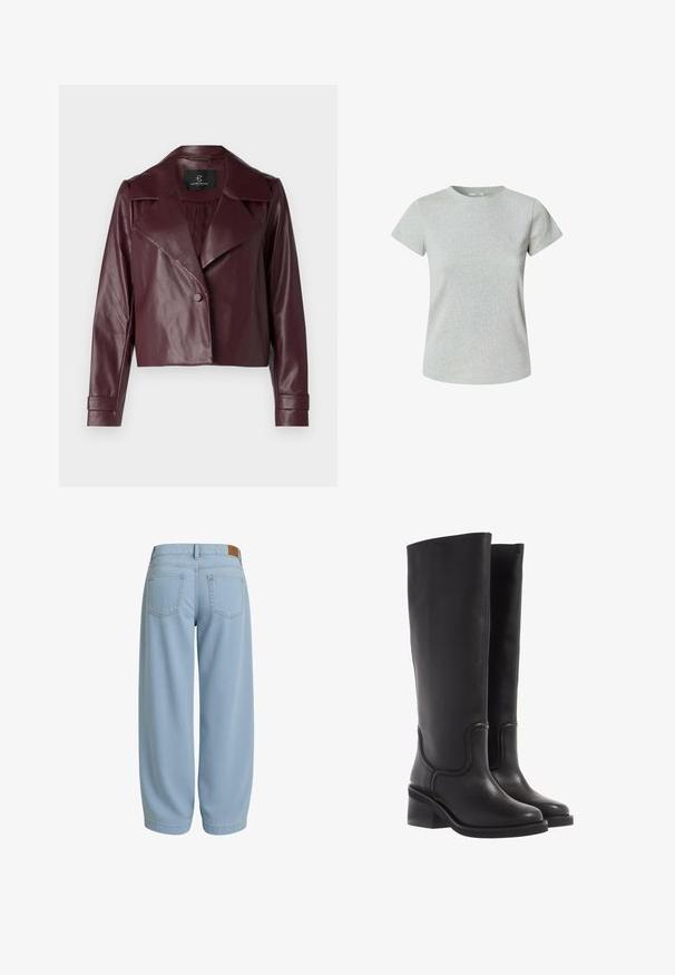 Bordeaux leren cropped jack met een geknipt kraag, knoopsluiting en lange mouwen. Gladde textuur met gestructureerde schouders en manchetten.; Grijze katoenen t-shirt met korte mouwen en een ronde halslijn. Gladde textuur, klassieke pasvorm en geen zichtbare patronen of versieringen.; Lichtblauwe denim broeken met een relaxed fit, voorzien van twee achterzakken, een tailleband met een bruine leren label en toelopende enkels.; Zwarte leren kniehoge laarzen met een soepele textuur, ronde neus en een chunkyer heel. Heeft subtiele stiksels en een gestroomlijnd ontwerp.