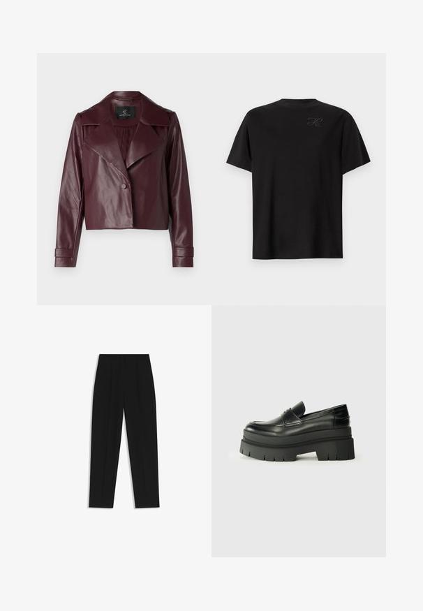 Burgundy leather cropped jacket with a notched collar, button closure, and long sleeves. Smooth texture with structured shoulders and cuffs.; Black short-sleeve t-shirt made of soft cotton. Round neckline with subtle embroidered logo on the left chest. Smooth texture, relaxed fit.; Black trousers with a straight fit, featuring double pleats, a smooth texture, and a classic waistband design. No visible hardware or accents.; Black leather loafers with a chunky platform sole. Rounded toe, front seam detail, and subtle stitching accents. Flat, textured outsole.