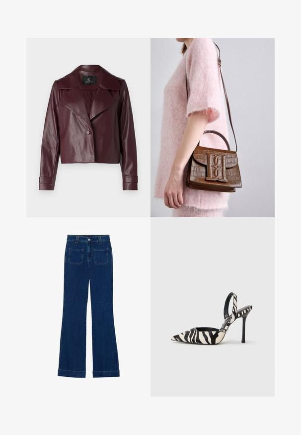 Burgundská kožená zkrácená bunda s klopovým límcem, zapínáním na knoflíky a dlouhými rukávy. Hladká textura s pevným střihem ramen a manžet.; Světle béžová tílko vyrobené z měkké tkaniny, s tenkými nastavovacími ramínky a výstřihem do V s mírně volným střihem.; Džínové zvonové kalhoty v tmavě modré barvě s hladkou strukturou, pěti kapsami a zapínáním na knoflík v pase.; Slingback podpatky s špičatou špičkou v černobílém zebrovém vzoru, s úzkým vysokým podpatkem a otevřenou zadní částí, s černým interiérem.; Hnědá kabelka s embossovaným vzorem krokodýla, s horní rukojetí a nastavitelným ramenním popruhem. Na předním klopě se nachází výrazné logo. Měkká textura.