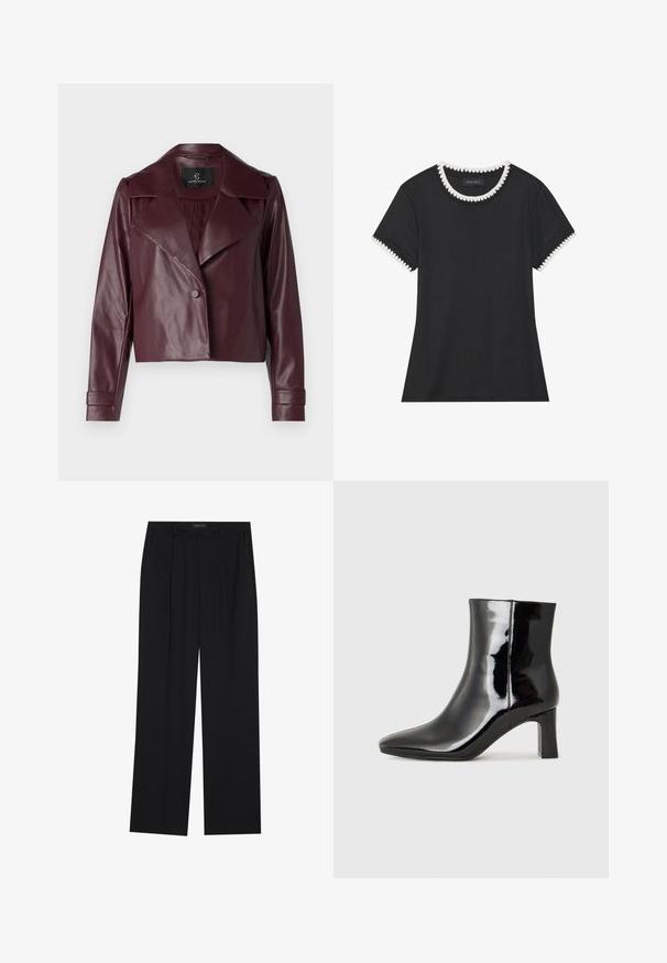 Burgundi odos trumpa striukė su įpjovimu ant apykaklės, mygtukų užsegimu ir ilgomis rankovėmis. Lygi tekstūra, su struktūruotomis petnešomis ir reisais.; Juodas marškinėliai su briaunota tekstūra, apvalia iškirpte, kurią puošia balti apvalūs kraštai, ir trumpomis rankovėmis su atitinkamais kraštų akcentais.; Juodos kelnes su tiesiomis sijonais, turinčios dvi priekinės kišenės ir juosmenį. Pagamintos iš lygios, lengvos medžiagos.; Juodos lakuotos odinės aulinukės su smailiu pirštu ir vidutinio aukščio blokuotu kulnu. Lygus paviršius ir minimalistinis dizainas.