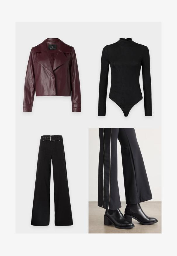 Burgundi odos trumpa striukė su įpjovimu ant apykaklės, mygtukų užsegimu ir ilgomis rankovėmis. Lygi tekstūra, su struktūruotomis petnešomis ir reisais.; Juodas ilgam rankovėms bodžių su aukštu kaklu ir subtilia tekstūra. Fasuotuvų gale ir thong tipo apatinė dalis.; Juodos plačios kojų kelnės, pagamintos iš medvilnės, su aukšta liemene, didelėmis šoninėmis kišenėmis ir diržu, papuoštu sidabriniais akcentais.; Juodi odiniai auliniai batai su plataus bloko kulnu, turintys elastines šonines dalis. Sukomplektuoti su juodomis kelnėmis, turinčiomis baltą šoninės juostą.