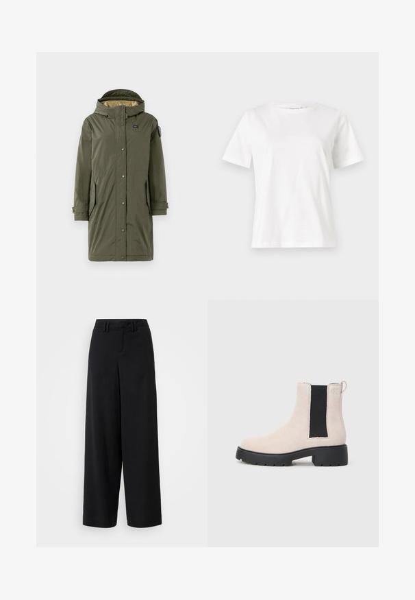Giacca parka verde oliva con cappuccio, dotata di bottoni a pressione, due tasche laterali e una texture liscia. Foderata con un tessuto di colore chiaro.; T-shirt bianca in cotone con maniche corte, scollatura rotonda e vestibilità rilassata. Struttura liscia, senza motivi né accenti, design minimalista.; Pantaloni neri a gamba larga realizzati in tessuto morbido, con un design a vita piatta, dettagli plissettati e passanti per cintura in vita.; Stivale Chelsea in suede beige con pannello laterale elastico nero, suola nera spessa e linguetta alla caviglia.