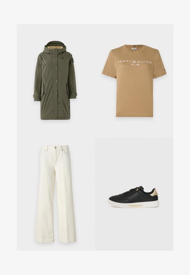 Maslinasto zeleni parka s kapuljačom, s dugmadi na preklapanje, dva bočna džepa i glatkom teksturom. Podstavljen svijetlom tkaninom.; Smeđa pamučna majica kratkih rukava s natpisom "TOMMY HILFIGER EST. 1985" ispisanim bijelom bojom. Mali logo akcent na rukavu.; Široke bijele traperice izrađene od mješavine pamuka. Imaju zatvarač, dizajn s pet džepova i šavove uz rubove.; Crne kožne tenisice s glatkom teksturom, bijela gumena potplata, zlatni akcenti na peti i rupama za vezivanje, s logotipom sa strane.