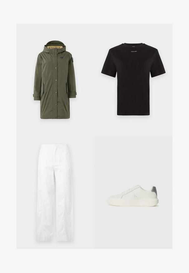 Olivovo zelená parka s kapucňou, so zapínaním na patentky, dvoma bočnými vreckami a hladkým povrchom. Podšitá svetlým materiálom.; Čierne bavlnené tričko s krátkymi rukávmi, klasickým výstrihom a malým bielym logom "Calvin Klein" na hrudi. Hladká textúra, klasický strih.; Biele široké nohavice z ľahkej látky, s hladkou textúrou, čistými líniami a vysokým pásom.; Biele tenisky vyrobené z kože s hladkou textúrou, s strieborným akcentom na päte, plochou podrážkou a minimalisticým dizajnom.