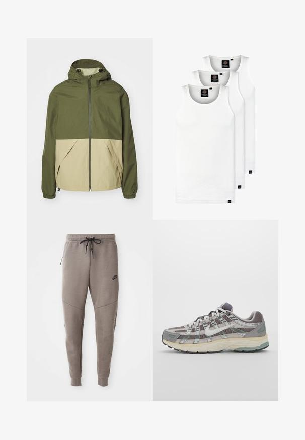 Grön och beige hooded jacka med dragkedja fram, elastiska manschetter och två framfickor. Tillverkad av lätt, texturerat tyg.; Tre vita ribbade linnen i bomull. Har rund halsringning och små svarta etiketter vid fållen. Finns i flera storlekar.; Grå Nike sweatpants med dragsko i midjan, avsmalnande ben, sidofickor och tydlig sömdekoration. Mjuk, strukturerad tyg.; Grå atletiska sko med en överdel av mesh och mocka, vita accenter, en vadderad sula och en unik design med reflekterande element.