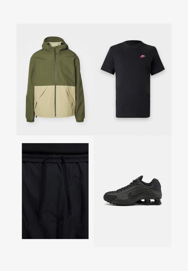 Vihreä ja beige hupparitakki, jossa on vetoketjukiinnitys, joustohihnat ja kaksi etutaskua. Valmistettu kevyestä, teksturoidusta kankaasta.; Mustat puuvillapaita, jossa on pyöreä pääntie ja lyhyet hihat. Vasemmalla ylhäällä on vaaleanpunainen Nike-logo. Saumaton pinta.; Mustat shortsit, joissa on naru vyötäröllä, kevyestä kankaasta valmistettu, sileä tekstuuri ja yksinkertainen muotoilu ilman näkyviä logoja tai kuvioita.; Mustat juoksukengät, joissa on sileä synteettinen päällinen, rei'itetyt yksityiskohdat, teksturoidut sivupaneelit ja erottuva joustava pohja.