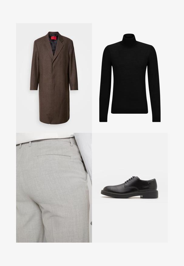 Abrigo marrón de espiga con solapa de muesca y dos bolsillos laterales, con un forro interior negro y una etiqueta de marca roja en su interior.; Jersey de cuello alto negro hecho de un material suave, con mangas largas y un ajuste ceñido. Ribete acanalado en el dobladillo y los puños. Diseño simple.; Pantalones grises claros a medida hechos de tela texturizada, con un solo bolsillo trasero y costuras limpias.; Zapato negro de cuero con cordones, punta redondeada, textura suave, costuras mínimas y tacón bajo de goma. Logo en el tacón.