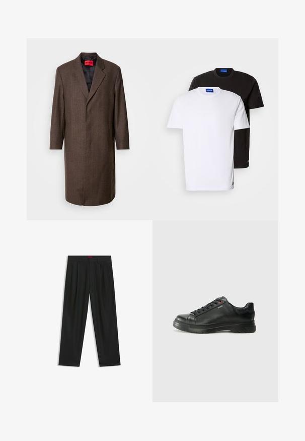 Bruin vissengraat jasje met een notch lapel en twee zijzakken, voorzien van een zwarte voering en een rood merklabel aan de binnenkant.; Twee T-shirts gestapeld: één witte en één zwarte. Korte mouwen, ronde halslijnen, van katoen. Heeft een klein blauw logo op de halslijn.; Zwarte broek met een geplooid ontwerp, wijde pijpen en een zachte textuur. Voorzien van een rode taillebandlabel.; Zwarte leren sneaker met een gestructureerde bovenkant, gevoerde kraag en rode logo-details. Heeft een dikke rubberen zool met een opvallend loopvlakpatroon.