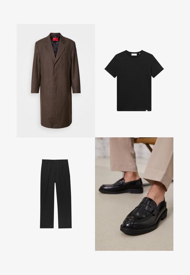 Palton brown cu model herringbone, cu rever pe care și două buzunare laterale, având o căptușeală interioară neagră și un eticheta roșie a brandului în interior.; Tricou scurt cu mânecă, de culoare neagră, realizat din bumbac, cu guler tip crew și un mic logo brodat pe piept. Textură netedă, croială standard.; Pantaloni negri cu un design drept, fabricați dintr-un material neted. Au plisse în față și un sistem de închidere cu un singur buton la talie.; Loafers negre din piele cu o finisare netedă, având o curea decorativă și cusături contrastante, asortați cu pantaloni bej.