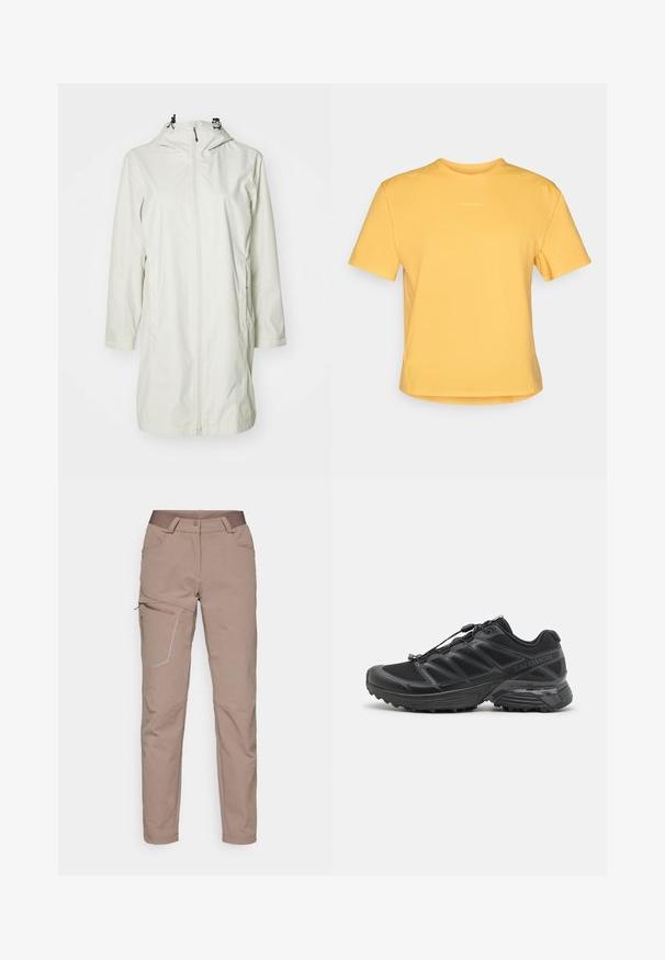Tunn, vattentät jacka i ljusbeige. Har en huva med dragsko, en framzipper och långa ärmar. Enkel, strömlinjeformad design.; Gul kortärmad T-shirt med rund halsringning, tillverkad av mjukt tyg. Har en diskret logo på bröstet och en rak nederkant.; Salomon WAYFARER WARM PANTS - Friluftsbyxor - iron; Svart löparskor med ovandel i mesh och syntetmaterial, flexibel yttersula och elastiska snören. Har en dämpad mellansula för komfort.