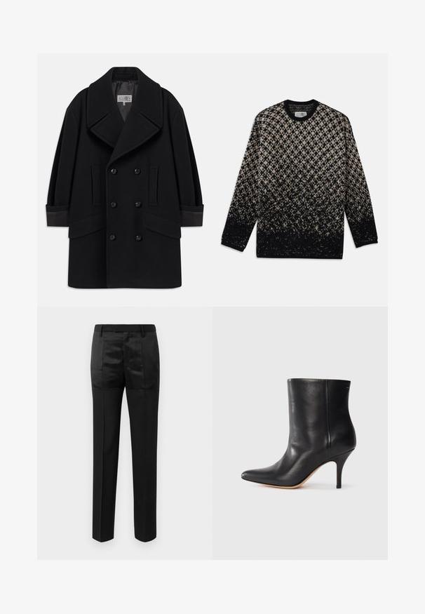 Double-breasted black coat in wool blend, featuring large lapels, two front pockets, and glossy black buttons, with leather accents on cuffs.; Knit sweater featuring a diamond pattern in beige and black, with a gradual color fade. Crew neckline and long sleeves. Soft texture.; Black tailored trousers with straight legs and a waistband with belt loops, featuring a mix of matte and shiny fabric panels.; Black leather ankle boot with pointed toe, slim stiletto heel, and smooth texture. Minimalist design with no visible hardware or accents.