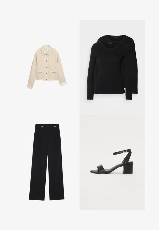 Beige Jacke im Cropped-Stil aus strukturiertem Stoff, mit klassischem Kragen, vorderem Knopfverschluss und zwei großen Fronttaschen.; Zwei schwarze Langarmshirts mit V-Ausschnitt, aus weichem, dehnbarem Stoff, der eine glatte Textur und eine figurbetonte Passform zeigt.; Schwarze weite Hosen mit hoher Taille, Knopfdetails am Bund und vorderen Falten.; Schwarze High Heels Sandalen mit einem glatten Lederoberteil, offener Zehenpartie, breiten Vorderstraps und verstellbarem Knöchelriemen mit einem goldenen Schnallen-Detail.