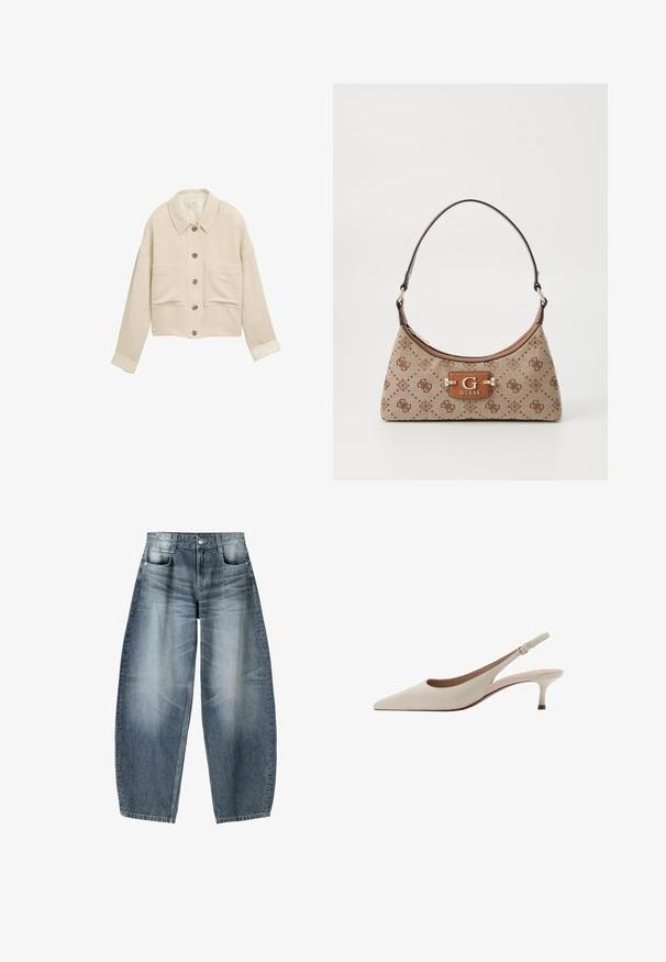 Geknipte beige jas van gestructureerde stof, met een klassieke kraag, een sluiting met knopen aan de voorkant en twee grote zakken aan de voorkant.; Witte lange mouwen dames top met bateauhals, gerimpelde taille en een licht getailleerd silhouet.; Wijd gesneden jeans van lichtblauwe denim met vervaging, met een vijf-pocket ontwerp, knoopsluiting en minimale stikdetails.; Beige slingback hakken met een puntige neus en een lage, uitlopende hak. Gemaakt van glad leer met een minimalistisch ontwerp en een verstelbare band.; Tote bag van beige stof met bruine patroonaccenten. Beschikt over een gebogen vorm, enkele strap en een logo plaatje aan de voorkant met zilverkleurige hardware.