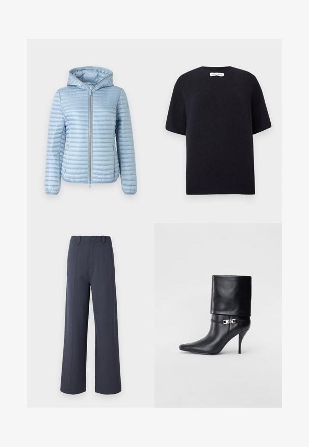 Helles blaues, mit Kapuze versehenes Steppjacke mit gestepptem Design, vorderem Reißverschluss und elastischen Bündchen. Sie zeichnet sich durch eine glatte Oberfläche und ein elegantes Design aus.; Schwarzer, gestrickter Pullover mit kurzen Ärmeln, rundem Halsausschnitt und geripptem Saum. Glatte Textur mit lässiger Passform. Minimalistisches Design.; Weite Hosen aus dunkelgrauem Stoff. Zu den Merkmalen gehören eine hohe Taille, Falten vorne und eine glatte Textur mit Gürtel Schlaufen.; Schwarze Leder-Ankle-Boots mit spitzer Zehenpartie, hohen Stiletto-Absätzen, umgeschlagenem Schaft und einem goldenen dekorativen Schnallen-Detail an der Knöchel.