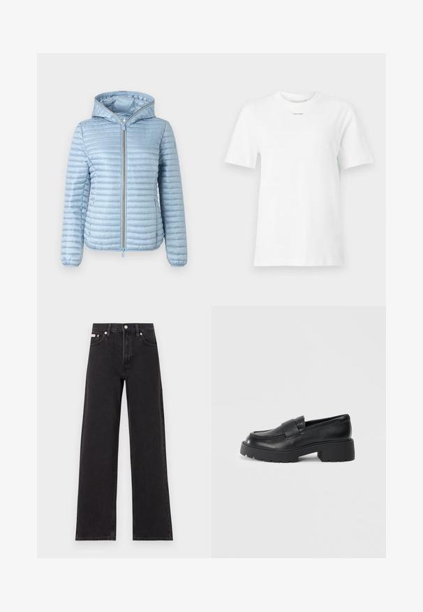 Helles blaues, mit Kapuze versehenes Steppjacke mit gestepptem Design, vorderem Reißverschluss und elastischen Bündchen. Sie zeichnet sich durch eine glatte Oberfläche und ein elegantes Design aus.; Weißes Baumwoll-T-Shirt mit Rundhalsausschnitt, kurzen Ärmeln und einem kleinen schwarzen "Calvin Klein"-Logo auf der Brust. Schlichtes Design, keine Muster.; Schwarze weit geschnittene Jeans aus Denim mit einem hoch sitzenden Bund, fünf Taschen und einem Metallknopfverschluss mit kontrastierendem Nähte.; Schwarze Lederloafers mit strukturiertem Finish, ausgestattet mit einem rechteckigen Riemen über dem Spann und einem stabilen, gezackten Sohlen-Design.