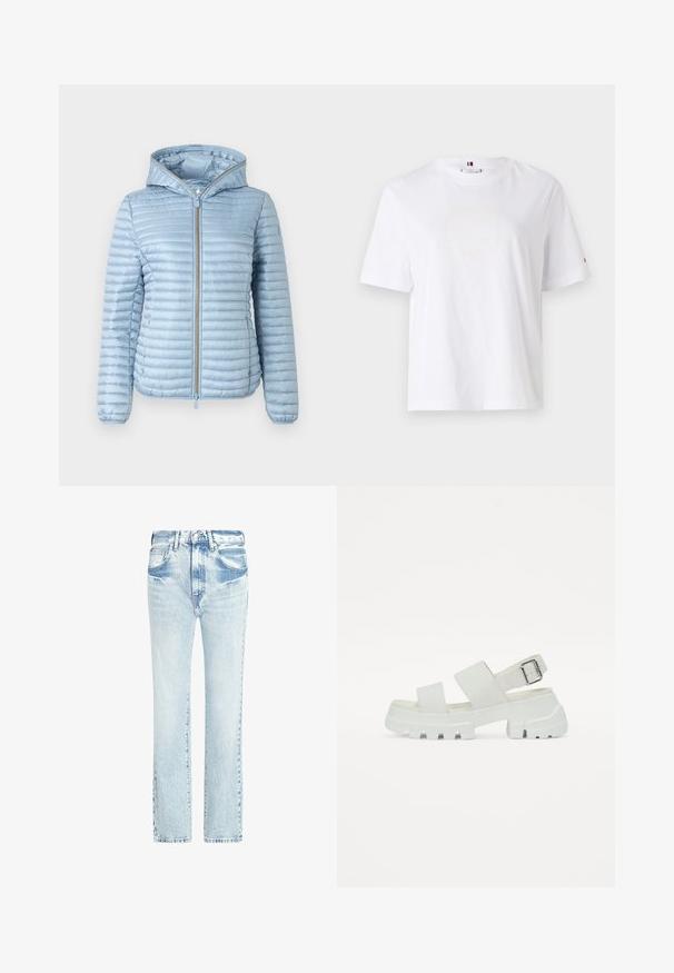 Veste matelassée à capuche, bleu clair, avec une texture quiltée, fermeture éclair à l'avant et poignets élastiques. Présente une finition lisse et un design épuré.; T-shirt en coton blanc avec un col rond, des manches courtes et un design de logo jaune subtil indiquant "HILFIGER NEW YORK 1985". Coupe standard.; Jeans en denim bleu clair avec un design à jambe droite, cinq poches et une texture délavée. Présente des coutures visibles et une fermeture à bouton classique.; Sandales blanches avec une semelle épaisse, comportant deux larges sangles et un détail de boucle sur la sangle de la cheville. Texture lisse, design minimaliste.