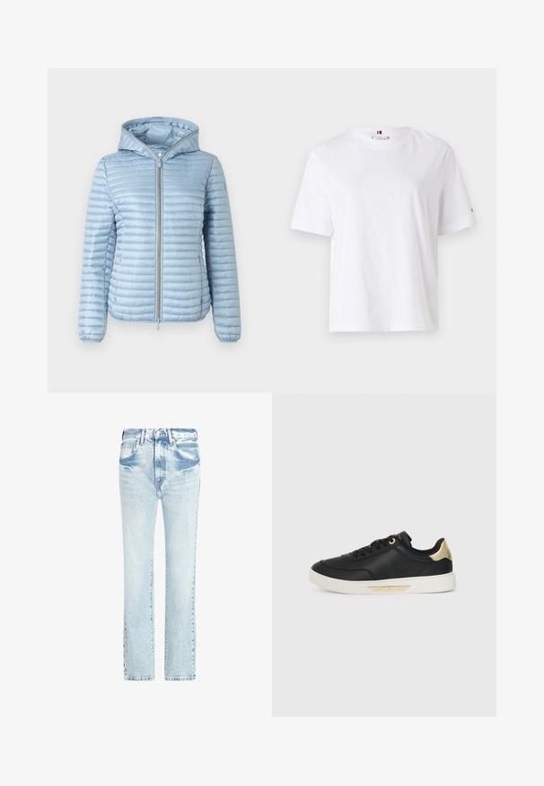 Helles blaues, mit Kapuze versehenes Steppjacke mit gestepptem Design, vorderem Reißverschluss und elastischen Bündchen. Sie zeichnet sich durch eine glatte Oberfläche und ein elegantes Design aus.; Weißes Baumwoll-T-Shirt mit Rundhalsausschnitt, kurzen Ärmeln und dezentem gelben Logodesign mit der Aufschrift "HILFIGER NEW YORK 1985." Standardpassform.; Helle blaue Jeans aus Denim mit geradem Bein, fünf Taschen und einem abgenutzten Textur. Merkmale sind sichtbare Nähte und ein klassischer Knopfverschluss.; Schwarze Ledersneaker mit glatter Textur, weißer Gummisohle, goldenen Akzenten an der Ferse und den Ösen, mit einem Logo an der Seite.