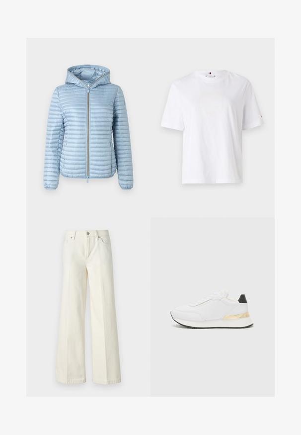 Világoskék, kapucnis puffermellény, steppelt textúrával, elöl cipzárral és rugalmas mandzsettával. Simaságot és letisztult dizájnt kínál.; Fehér pamut póló, kerek nyakkivágással, rövid ujjakkal és diszkrét sárga logóval, amelyen a felirat "HILFIGER NEW YORK 1985" szerepel. Normál szabású.; Bőszárú fehér farmernadrág pamut keverék anyagból. Cipzáras záródással, öt zsebes kialakítással és varrással a varratok mentén.; Fehér sneakers sima felülettel, fekete sarok kiemeléssel és arany fém részlettel a talp középső részén. Fűzős kialakítás, gumitalp.